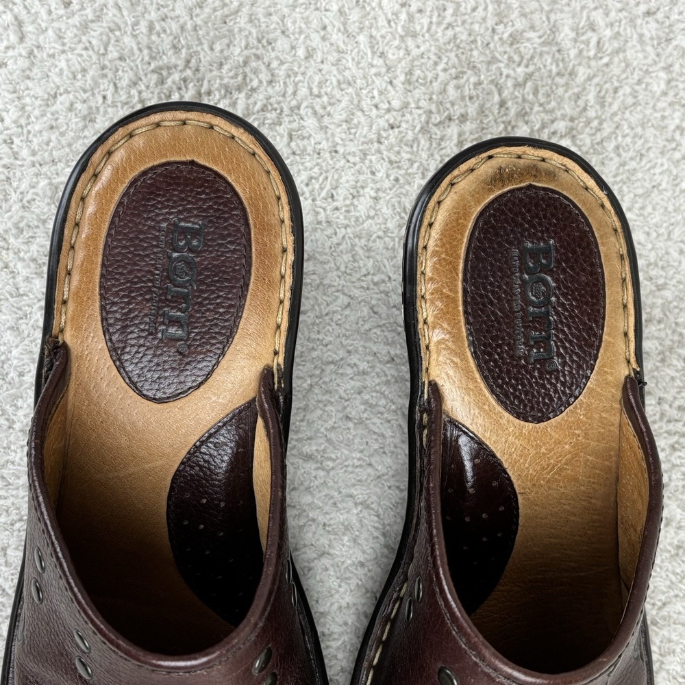 Born Shoes Womens 9 Brown Naomi T Moro Leather Mule Clog Slip On Wedge Studded - Picture 5 of 15